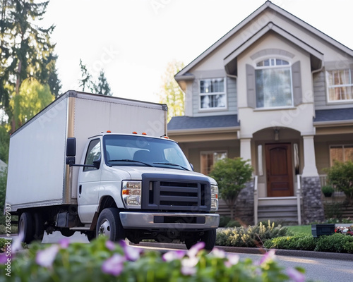 moving truck on left side in front of a large home generated by AI