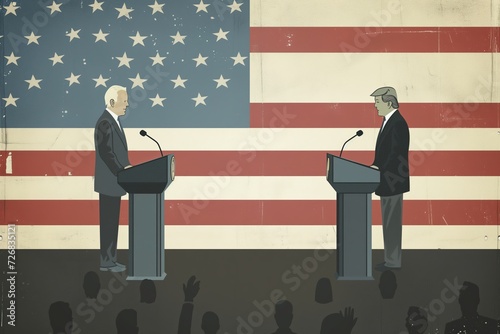 USA Political Debate Illustration, Two Candidates, American Flag, Democracy, Elections