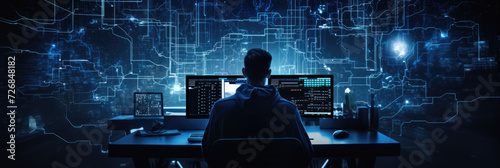 Anonymous hacker programmer man working backwards typing on computer keyboard on desk surrounded by blue glowing data network. Cybersecurity, cyberattack, cybercrime concept banner with copyspace.