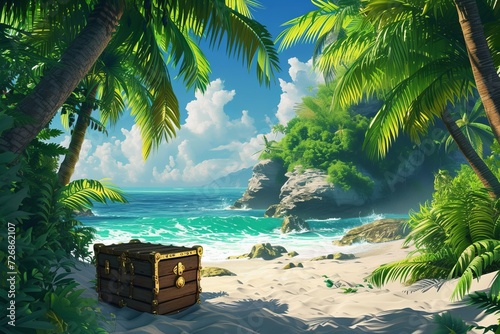 Tropical trees and an island beach with an unlocked pirate chest. Treasure of the Exotic Island