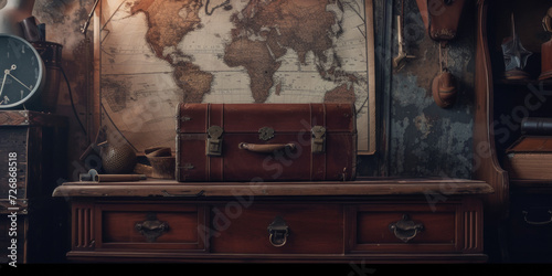 one of a suitcase on a desk with a map, generative AI