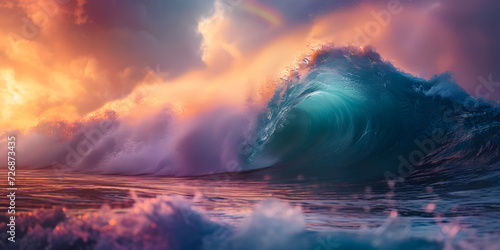 rainbow tsunami with massive rainbow spray in a huge wave, rainbow huge wave