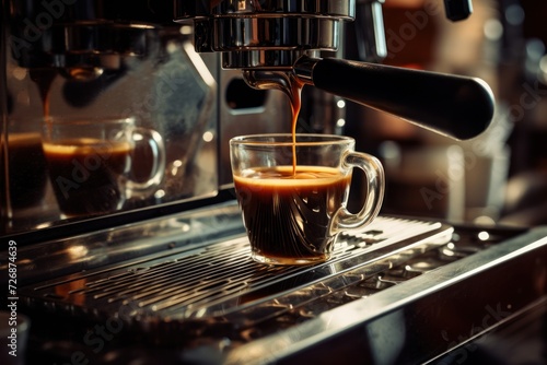  Espresso poruing from coffee machine at cafe 