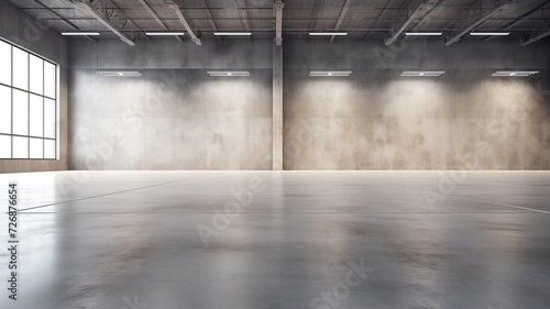 Modern interior design with polished concrete floors and space for product display, warehouse