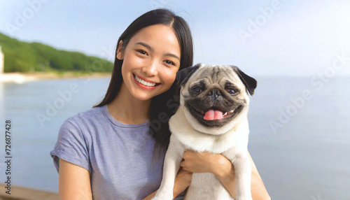 street snapshot of beautiful Asian girl with straight long hair and adorable pug dog , 16:9 widescreen image