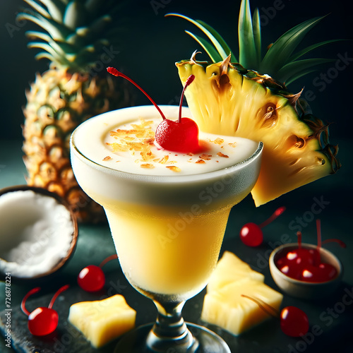 a tropical piña colada cocktail in a piña colada glass, garnished with a pineapple slice and a maraschino cherry, showcasing its creamy texture, golden hues, and refreshing condensation