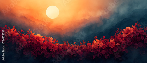 Painting of a Sunset With Red Flowers in the Foreground