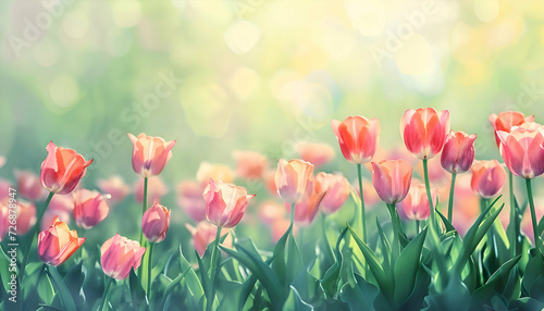 Watercolor pink tulips spring flowers in the grass background with empty space for text. 