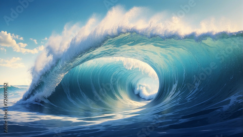 Big breaking blue ocean wave. Surfing summer wave banne