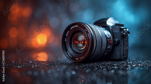 Photo camera close-up on a dark background, studio lighting.