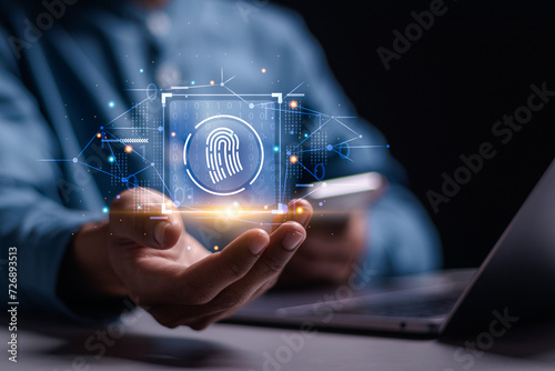 Biometric cyber security system and access control concept. Person show access security personal financial data on scan fingerprint identification, Cybersecurity and privacy to protect data.