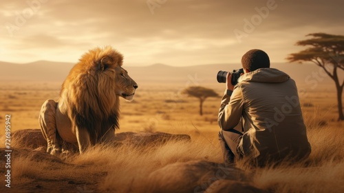 Professional wildlife photographer taking pictures of wild animals in the savannah.