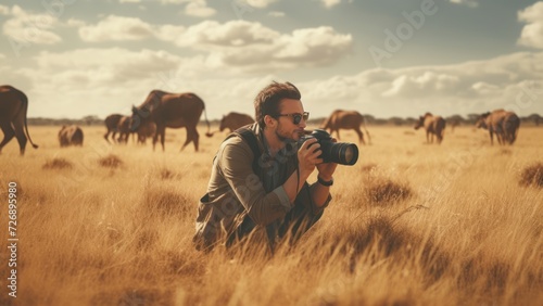Professional wildlife photographer taking pictures of wild animals in the savannah.