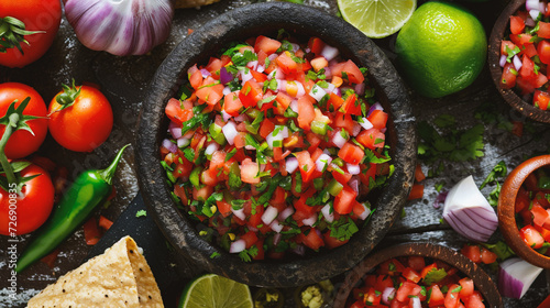 Traditional mexican salsa with ingredients on rustic wooden background.