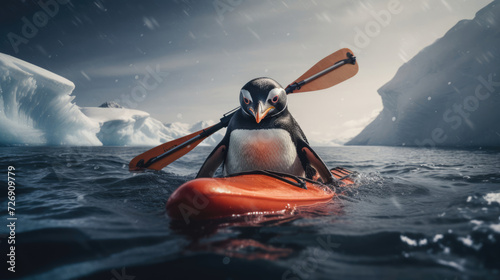 A fearless penguin kayaking through icy waters