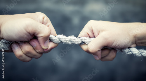 Two hands in a tug of war with a rope.