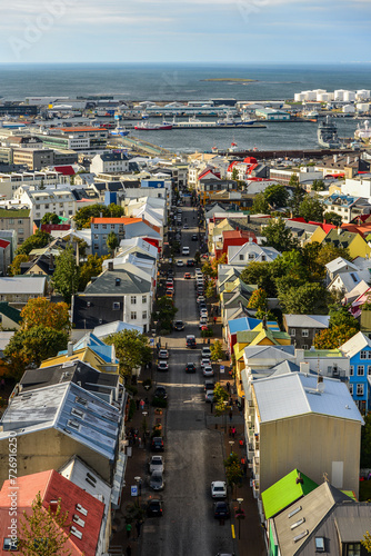 A summer afternoon view of downtown Reykjavík as seen from the top of the Hallgrímskirkja church tower, Iceland.