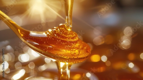 Thick honey dripping from a spoon, close-up, high detail. Hyper-realistic photo.