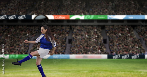 Image of caucasian female soccer player over stadium