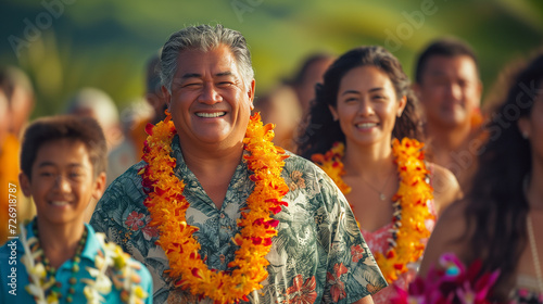 Hawaiian visitors with lei garlands around their necks and traditional hawaii shirts.