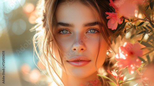 portrait of a woman in park with flowers, portrait of a beautiful serious woman focused on the camera Confident female model with a calm sensual expression