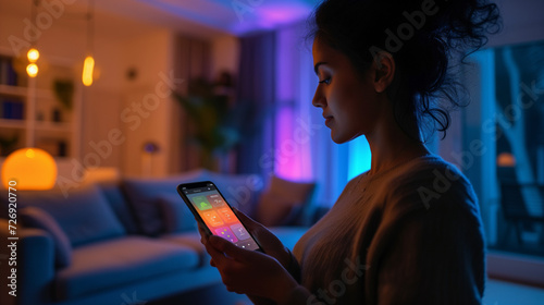 woman with mobile phone monitoring home electricity usage with mobile apps