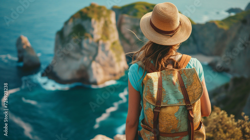 Summer traveling on the coast. Woman with backpack facing a scenic ocean view.