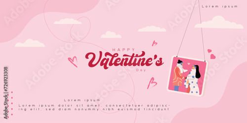 Happy Valentine's day with pink sky Horizontal banner sale template poster and couple photo frame design vector illustration.