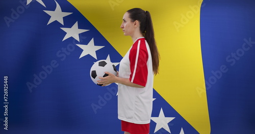 Image of caucasian female soccer player over flag of bosnia and herzegovina
