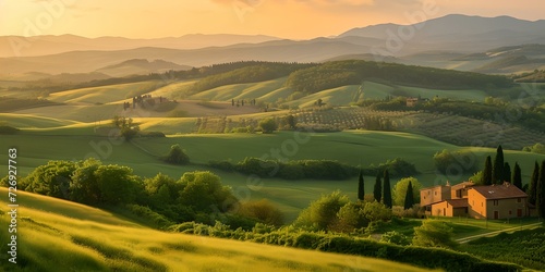 Golden hour over a serene countryside landscape, tranquil hills and farmhouses. perfect for travel and nature themes. AI