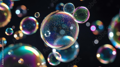 Closeup of shiny soap bubbles with reflection on black background