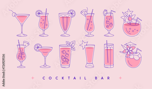 Set of modern line art cocktails in different types of glasses. Cocktail menu design. Vetor illustration