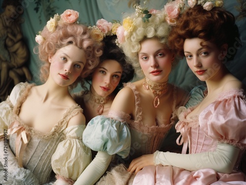 Group of elegant women in 18th-century attire, AI-generated.