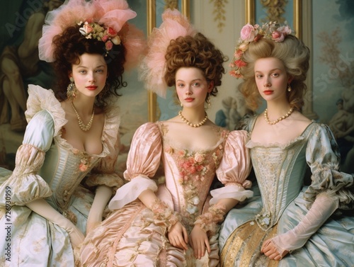 Group of elegant women in 18th-century attire, AI-generated.