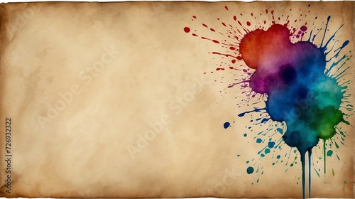 Old brown paper parchment with vintage watercolor colorful ink spatter fade from Generative AI