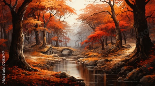 A fantastic magical autumn landscape with a river, an oak forest, trees with orange-red and yellow leaves on a cloudy day. Nature, landscape, environment concepts.
