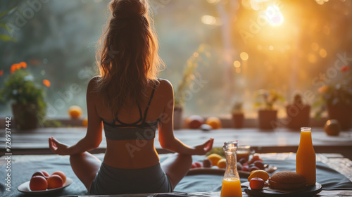 Morning wellness routine, young woman meditating in the morning with a cup of orange juice.