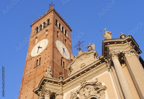San Martino basilic in Treviglio facade, scultures and bells tower, Lombardy, Italy