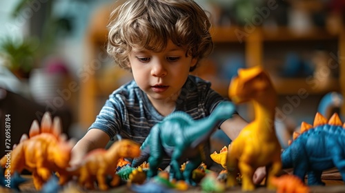 Children play with colorful toy dinosaurs educational toys for children.