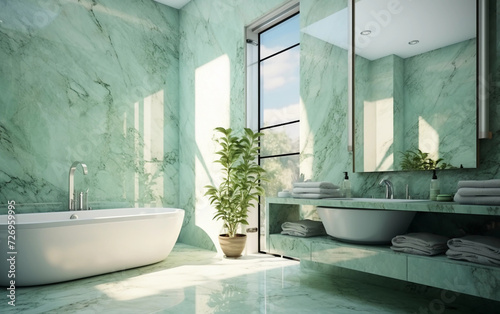 Mint marble style bathroom with the window and curtains. Luxury bathroom interior