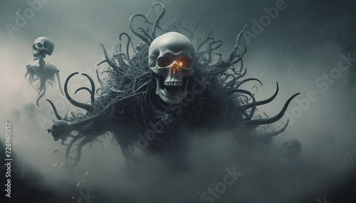 Banner featuring skulls of the dead. Illustration of a scary scene with ghostly skulls in a mist. Horror art. Heavy Metal Hard Rock Music Cover.. Halloween Topic. Horror story cover.