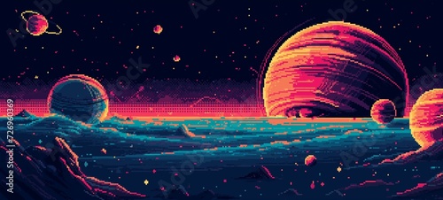Retro 8-bit pixel art capturing a vibrant cosmic scene with sunset-hued planets and a star-filled nebula reflecting over a tranquil interstellar ocean.