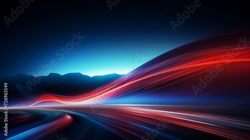 Dynamic night drive: car speed lights with glowing trail on highway road, red lane blurred effect. Vector abstract background of fast and long exposure, featuring mountains and night sky