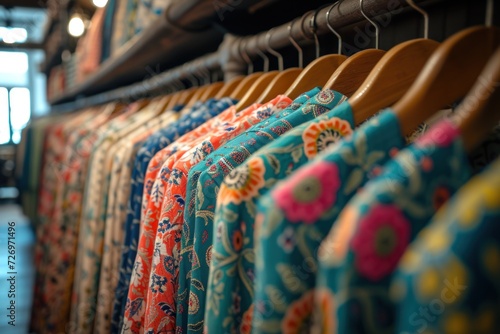 An array of colorful floral shirts on wooden hangers, each pattern offering a glimpse of spring and summer fashion trends