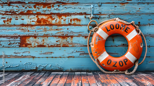 Welcome on Board lifebuoy with text on horizontal wooden background texture, copy space for individual text. Generative Ai