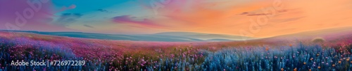 A field of flowers watercolor landscape illustration banner. Generative AI