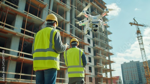 Two Specialists Use Drone on Construction Site. Architectural Engineer and Safety Engineering Inspector Fly Drone on Building Construction Site Controlling Quality. Focus on Drone 