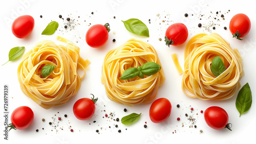 Traditional Italian linguini pasta with tomatoes top view on a white background
