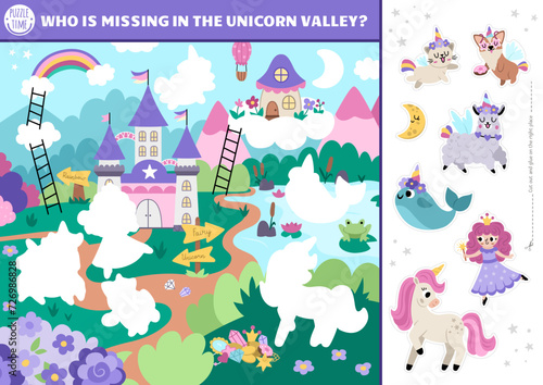 Vector unicorn cut and glue activity. Crafting game with cute magic village landscape and characters. Fairytale printable worksheet. Find the right piece of the puzzle. Complete the picture.