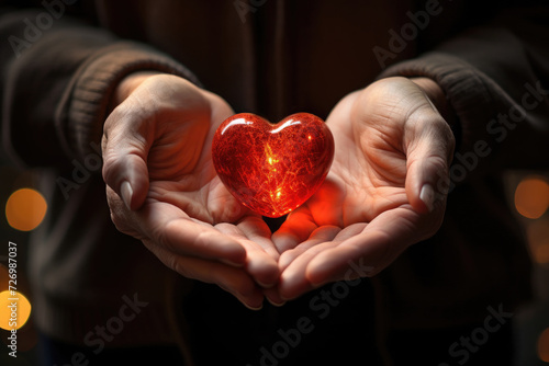 Red heart in the hands of an elderly person.Healthcare and hospital medical concept. Symbolic of care, life.
